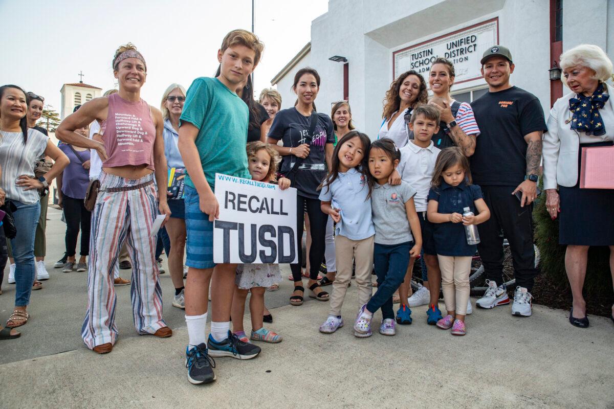 Parents and students gather to voice concerns on education practices to the Tustin Unified School District Board of Education in Tustin, Calif., on Aug. 23, 2021. (John Fredricks/The Epoch Times)