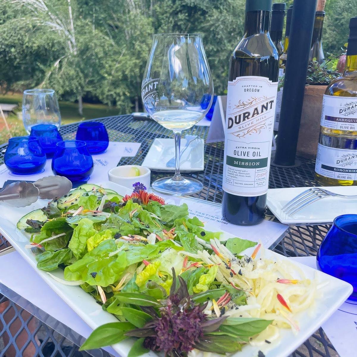 Salads dressed with olive oil grown onsite and served at the family-run Durant Estate in Oregon’s Willamette Valley. (Janna Graber)