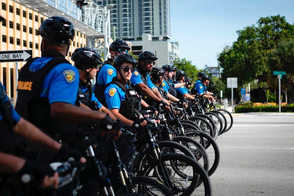 A row of police cyclists during a rally in Fort Lauderdale, Fla., on May 31, 2020. (Eva Marie Uzcategui/AFP via Getty Images)