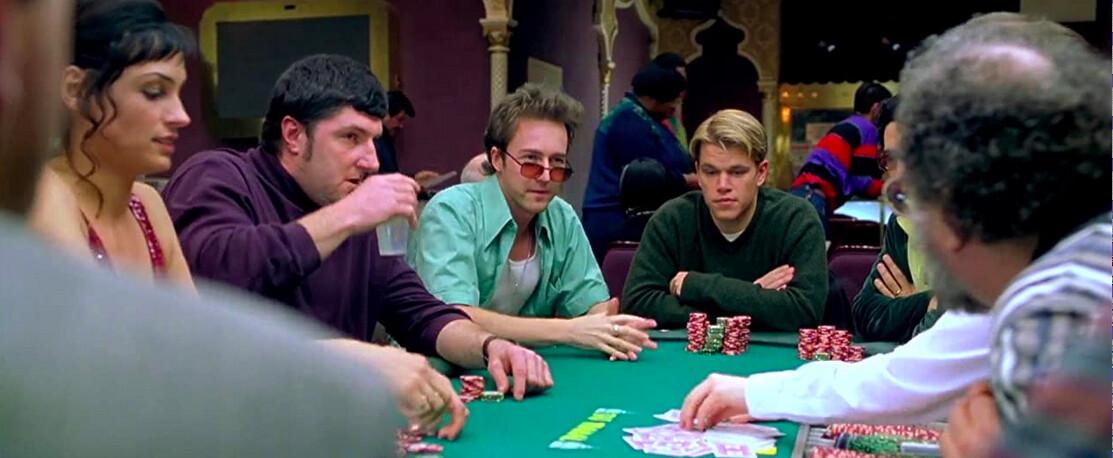 (L–R) Famke Janssen, an extra, Edward Norton, and Matt Damon play cardsharps cooperating to take lots of money off unsuspecting tourists in poker in "Rounders." (Miramax)