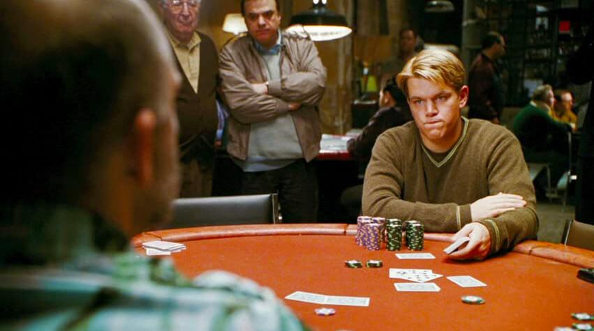 Teddy KGB (John Malkovich, L) and Mike McDermott (Matt Damon) square off, in "Rounders." (Miramax)