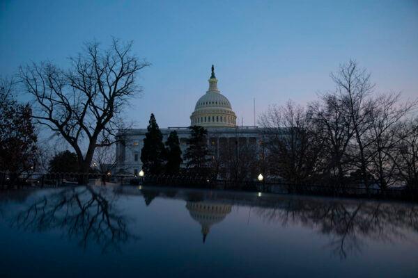 The U.S. Capitol building exterior is seen at sunset in Washington on March 8, 2021. (Sarah Silbiger/Getty Images)
