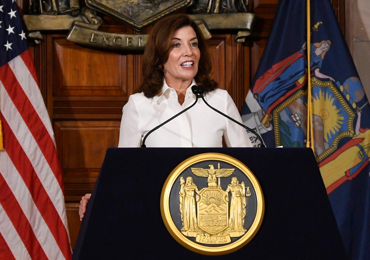 New York Gov. Kathy Hochul speaks to reporters after a ceremonial swearing-in ceremony at the state Capitol in Albany, N.Y., on Aug. 24, 2021. (Hans Pennink/AP Photo)