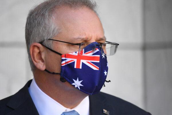 Prime Minister Scott Morrison at a press conference at Parliament House in Canberra, Australia, on Aug. 26, 2021. (Mick Tsikas/AAP Image)