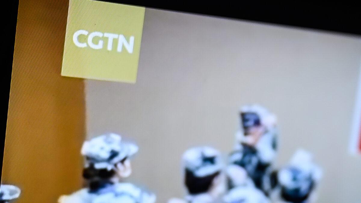 The logo of CGTN is displayed on a computer monitor in London, England, on Feb. 4, 2021. (Leon Neal/Getty Images)