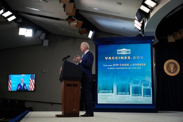 President Joe Biden speaks about COVID-19 vaccines in the South Court Auditorium at the White House complex on Aug. 23, 2021. (Drew Angerer/Getty Images)