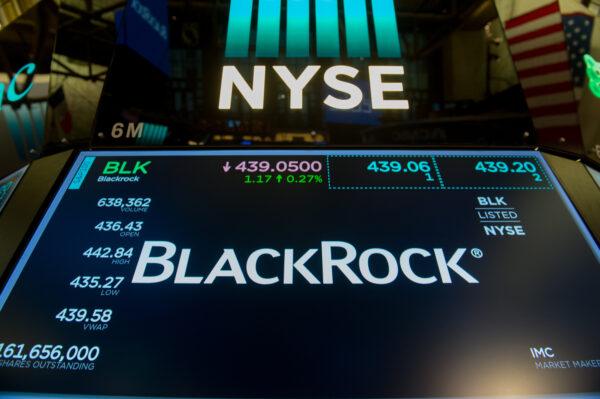 The trading symbol for BlackRock is displayed at the closing bell of the Dow Jones Industrial Average at the New York Stock Exchange in New York City, on July 14, 2017. (Bryan R. Smith/AFP via Getty Images)