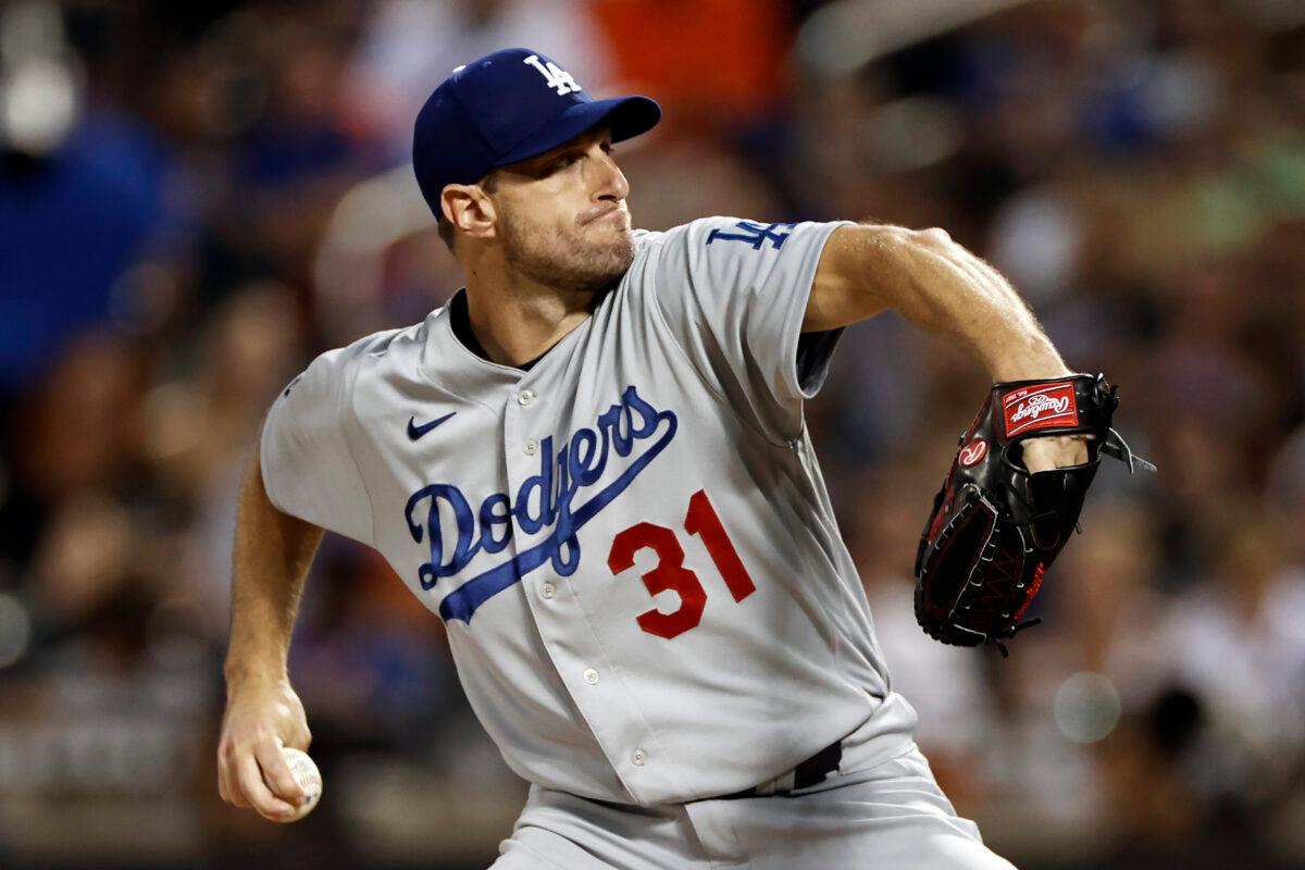Los Angeles Dodgers pitcher Max Scherzer delivers during the second inning of a baseball game against the New York Mets in N.Y., on Aug. 15, 2021. (Adam Hunger/AP Photo)