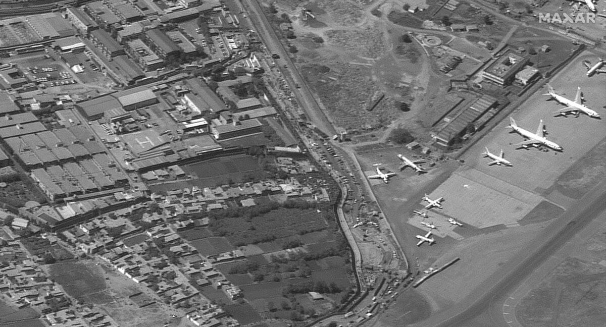An overview of the Abbey Gate at Hamid Karzai International Airport, in Kabul, Afghanistan on Aug. 25, 2021. (Satellite image 2021 Maxar Technologies via Reuters)