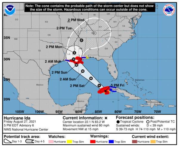 Hurricane Ida, a Category 1 storm with 75 mph winds, is forecast to hit Louisiana and Mississippi on Sunday. (NHC)