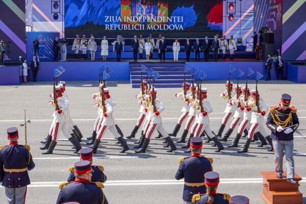 Troops march during the military parade held to celebrate Moldova's national day, three decades after the country declared independence from the Soviet Union, in Chisinau, Moldova, on Aug. 27, 2021. (Aurel Obreja/AP Photo)