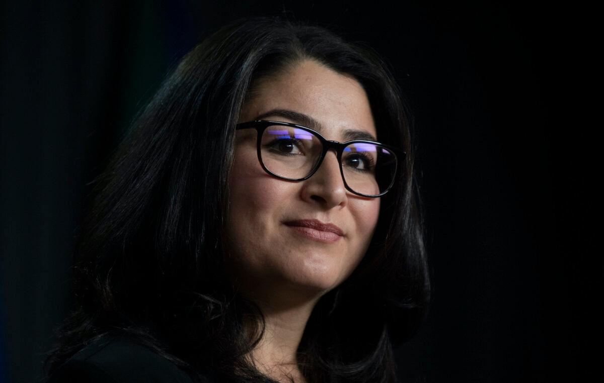 Minister for Women and Gender Equality Maryam Monsef listens to a question during a news conference in Ottawa on Oct. 19, 2020. (The Canadian Press/Adrian Wyld)