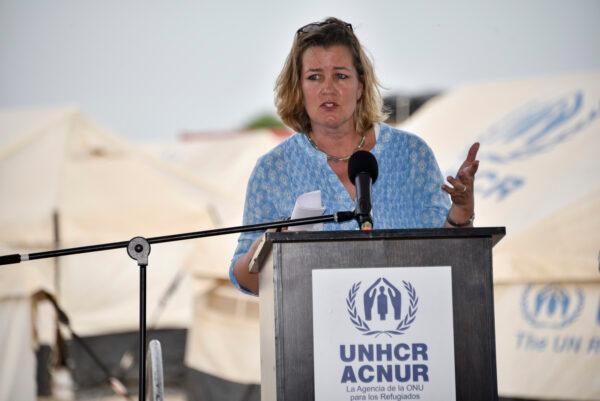 United Nations Deputy High Commissioner for Refugees (UNCHR) Kelly Clements talks to the media during a press conference after visiting a refugee camp on the border between Colombia and Venezuela in Maicao, Columbia, on June 8, 2019. (Guillermo Legaria/Getty Images)
