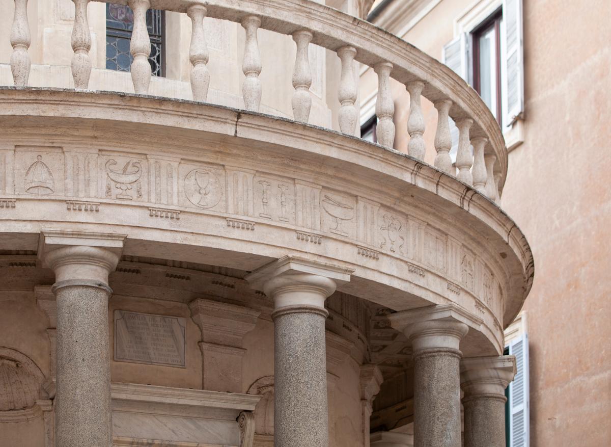 Architect Bramante integrated salvaged building components into the Tempietto, such as these granite columns, which in his day were believed to have come from ancient Egypt. In doing so, the building acquired an existing heritage and immediate maturity. (JHSmith/The Epoch Times)