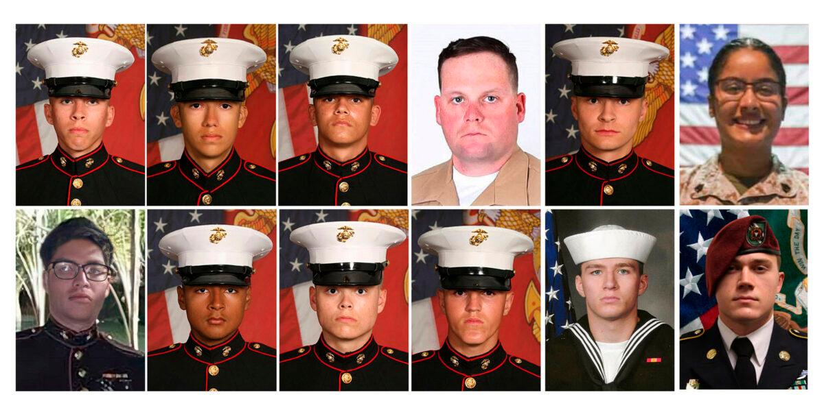 Twelve service members were killed in the Kabul airport bombing in Afghanistan on Aug. 26, 2021. Top Row, from left: Lance Cpl. Dylan R. Merola, Cpl. Hunter Lopez, Cpl. Kareem M. Nikoui, Staff Sgt. Darin T. Hoover, Cpl. Daegan W. Page, and Sgt. Johanny Rosario Pichardo. Bottom Row, from left: Cpl. Humberto A. Sanchez, Lance Cpl. David L. Espinoza, Lance Cpl. Jared M. Schmitz, Lance Cpl. Rylee J. McCollum, Navy Corpsman, Maxton W. Soviak, and Army Staff Sgt. Ryan C. Knauss. Not pictured is Sgt. Nicole L. Gee, who was also killed. (1st Marine Division, Camp Pendleton/U.S. Department of Defense via AP)
