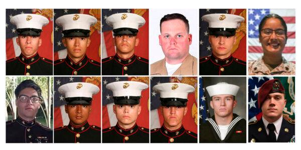 Twelve service members killed in the Kabul airport bombing in Afghanistan on Aug. 26, 2021. Top Row, from left: Lance Cpl. Dylan R. Merola, Cpl. Hunter Lopez, Cpl. Kareem M. Nikoui, Staff Sgt. Darin T. Hoover, Cpl. Daegan W. Page, and Sgt. Johanny Rosario Pichardo. Bottom Row, from left: Cpl. Humberto A. Sanchez, Lance Cpl. David L. Espinoza, Lance Cpl. Jared M. Schmitz, Lance Cpl. Rylee J. McCollum, Navy Corpsman, Maxton W. Soviak, and Army Staff Sgt. Ryan C. Knauss. Not pictured is Sgt. Nicole L. Gee who was also killed. (1st Marine Division, Camp Pendleton/U.S. Department of Defense via AP)