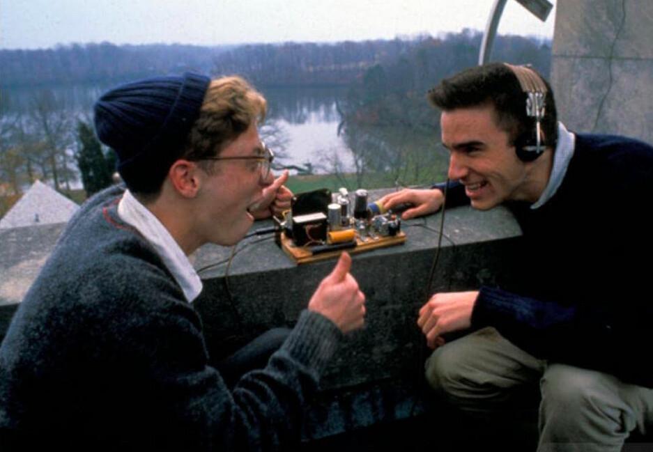 Allelon Ruggiero (L) and James Waterston as two science buffs trying out their illegal radio, in "Dead Poets Society." (Touchstone Pictures/Warner Bros)