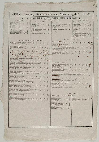 A menu from the restaurant Véry Frères in Paris, circa 1792. (Public Domain)
