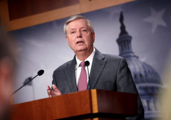 Sen. Lindsey Graham (R-S.C.) during a news conference at the U.S. Capitol in Washington, on July 30, 2021. (Kevin Dietsch/Getty Images)