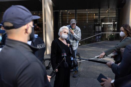 Barbara White speaks to media during an anti-lockdown protest in Martin Place in Sydney, Australia, on Aug. 31, 2021. (Brook Mitchell/Getty Images)