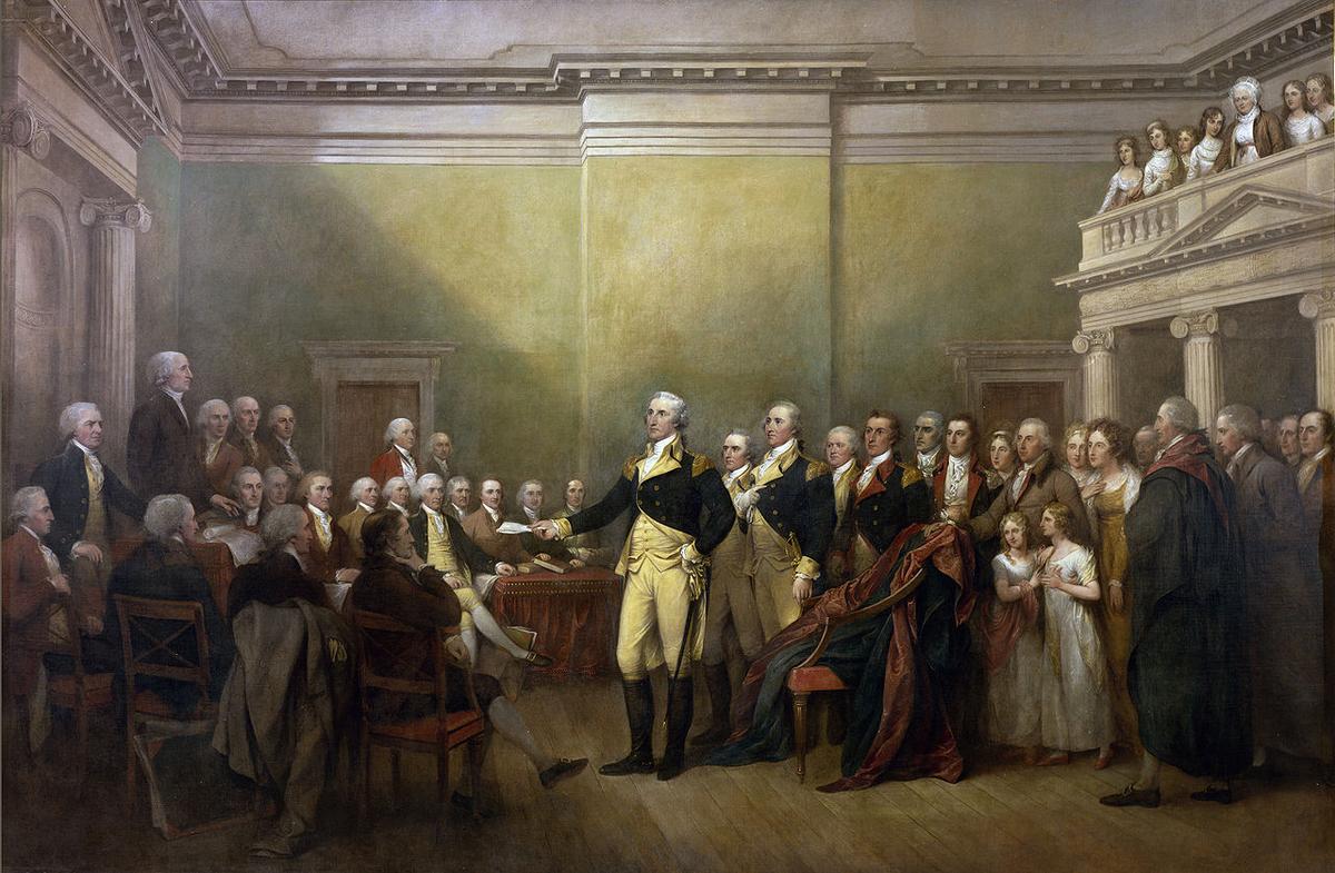 "General George Washington Resigning His Commission," 1817–1824, by John Trumbull. Oil on canvas; 12 feet by 18 feet. U.S. Capitol, Washington. (Public Domain)