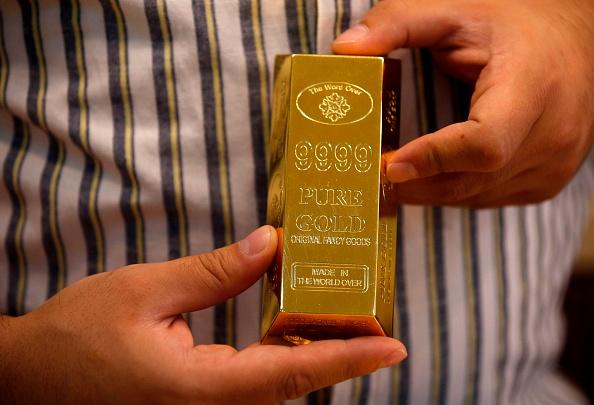 A gold ingot at a jewelry shop on August 8, 2020. (Photo by Hazem Bader/AFP via Getty Images)