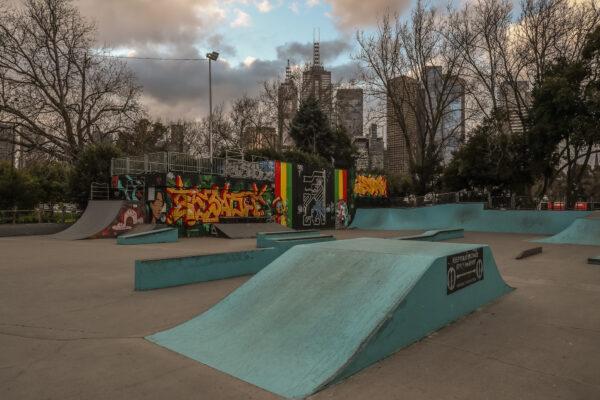 A general view of an empty Skate Park in the city following the closure of public playgrounds, basketball courts and Skateparks in Melbourne, Australia, on Aug. 17, 2021. (Asanka Ratnayake/Getty Images)