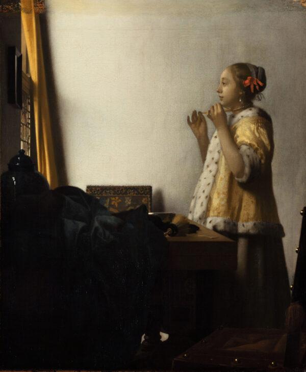 “Woman With a Pearl Necklace,” circa 1662–1665, by Johannes Vermeer. Oil on canvas; 22 inches by 18 2/3 inches. Picture Gallery, Prussian Cultural Heritage, State Museums in Berlin. (Christoph Schmidt/Picture Gallery, Prussian Cultural Heritage, State Museums in Berlin)