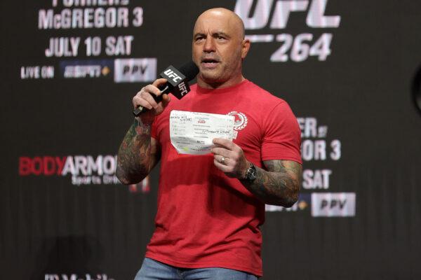 Joe Rogan at a ceremonial weigh-in for UFC 264 at T-Mobile Arena in Las Vegas, Nevada, on July 9, 2021. (Stacy Revere/Getty Images)