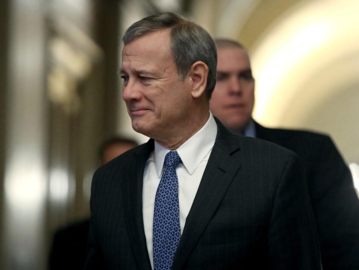 Supreme Court Justice John Roberts arrives at the U.S. Capitol in Washington on Jan. 31, 2020. (Mark Wilson/Getty Images)