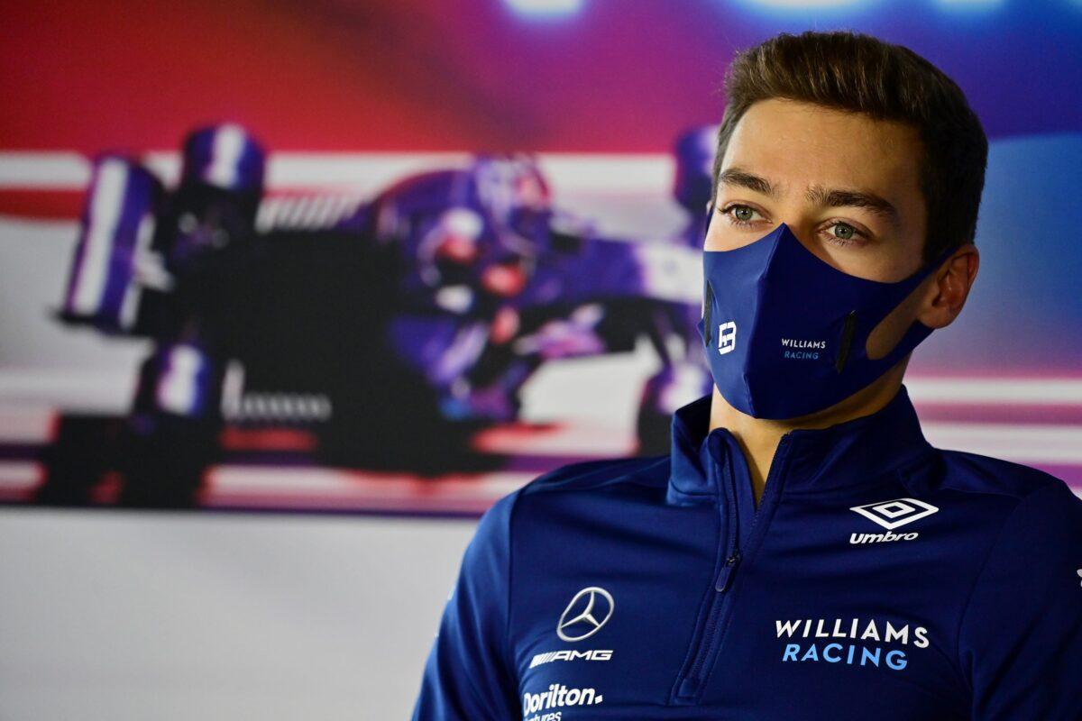 Williams' George Russell during the FIA Press Conference in Zandvoort, 2021 Formula One Dutch Grand Prix, Netherlands, on Sept. 2, 2021. (Andrej Isakovic/Pool via Reuters)