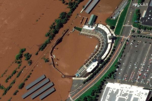 The Bank Ballpark in Bridgewater township, N.J., after flooding, on Sept. 2, 2021. (Maxar Technologies via AP)