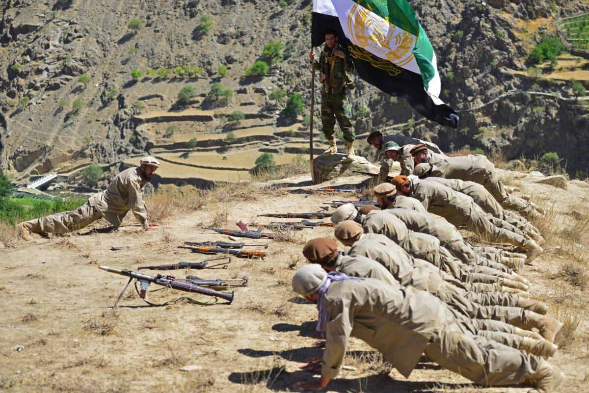 Afghan resistance movement and anti-Taliban uprising forces take part in military training at Malimah area of Dara district in Panjshir province, Afghanistan, on Sept. 2, 2021. The valley remains the last major holdout of anti-Taliban forces. (Ahmad Sahel Arman/AFP via Getty Images)