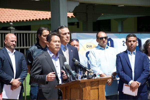 David Miyashiro, superintendent of the Cajon Valley Unified School District, speaking at a press conference in El Cajon, Calif., on Sept. 2, 2021. (Jane Yang/The Epoch Times)