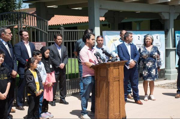 Mohammad Faizi speaks at a press conference in the Cajon Valley Unified School District in El Cajon, Calif., on Sept. 2, 2021. (Jane Yang/The Epoch Times)