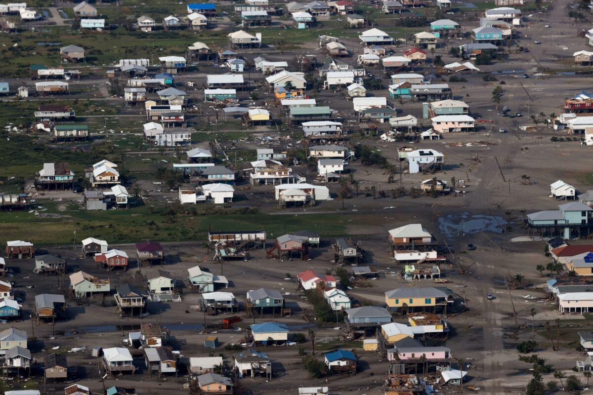 An aerial view shows debris and buildings damaged from Hurricane Ida as President Joe Biden (not pictured) inspects the damage from Hurricane Ida from oboard Marine One during an aerial tour of communities in Laffite, Grand Isle, Port Fourchon, and Lafourche Parish, La., Sept. 3, 2021. (Jonathan Ernst/Pool/AFP via Getty Images)