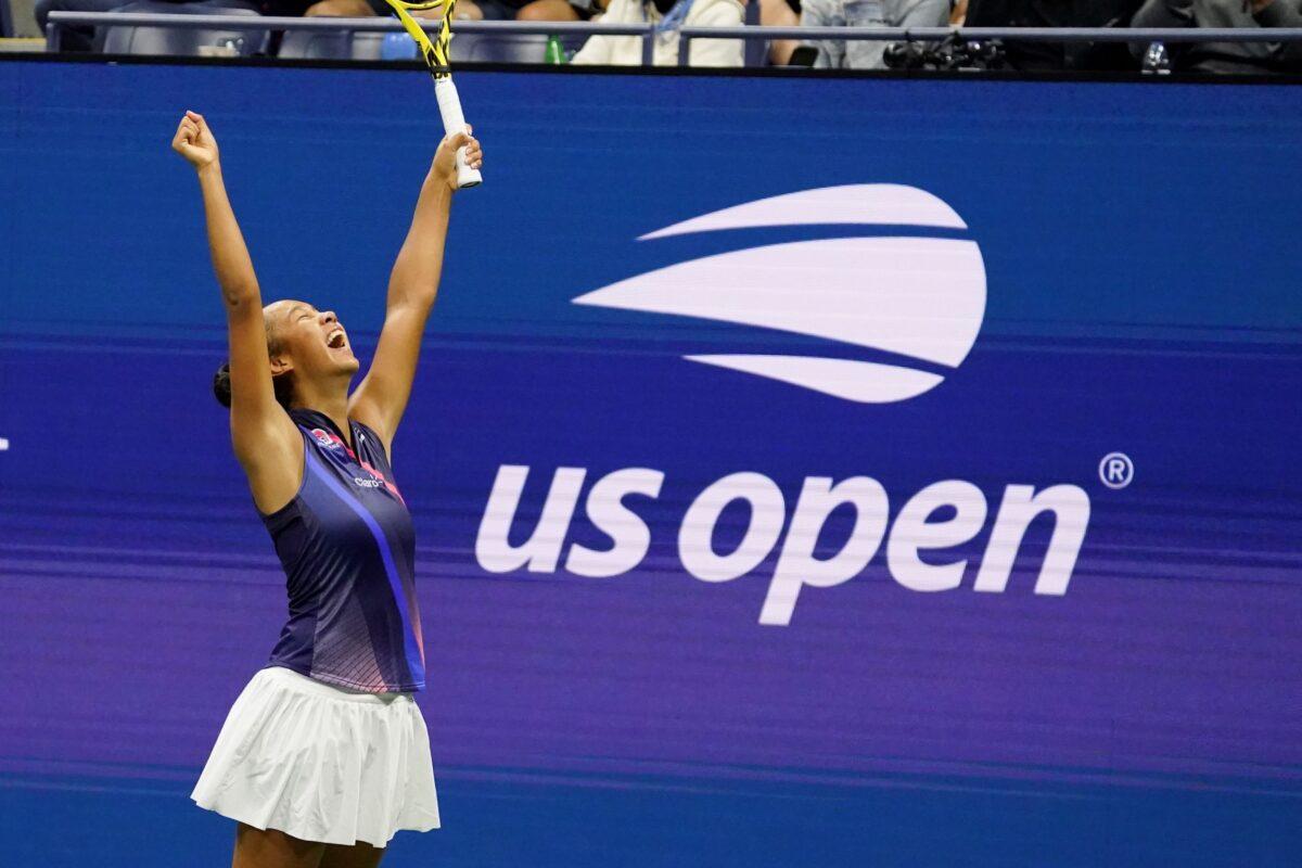 Leylah Fernandez, of Canada, reacts after defeating Naomi Osaka, of Japan, during the third round of the U.S. Open tennis championships, N.Y., on Sept. 3, 2021. (John Minchillo/AP Photo)