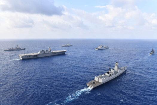Naval vessels from the U.S., Japan, India and the Philippines conduct formation exercises and communication drills in the South China Sea, May 2019. (Japan Maritime Self-Defense Force/U.S. Navy)