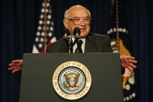 Milton Friedman, recipient of the 1976 Nobel Prize in economic sciences, speaks during a White House event in Washington on May 9, 2002. (Getty Images/Alex Wong)