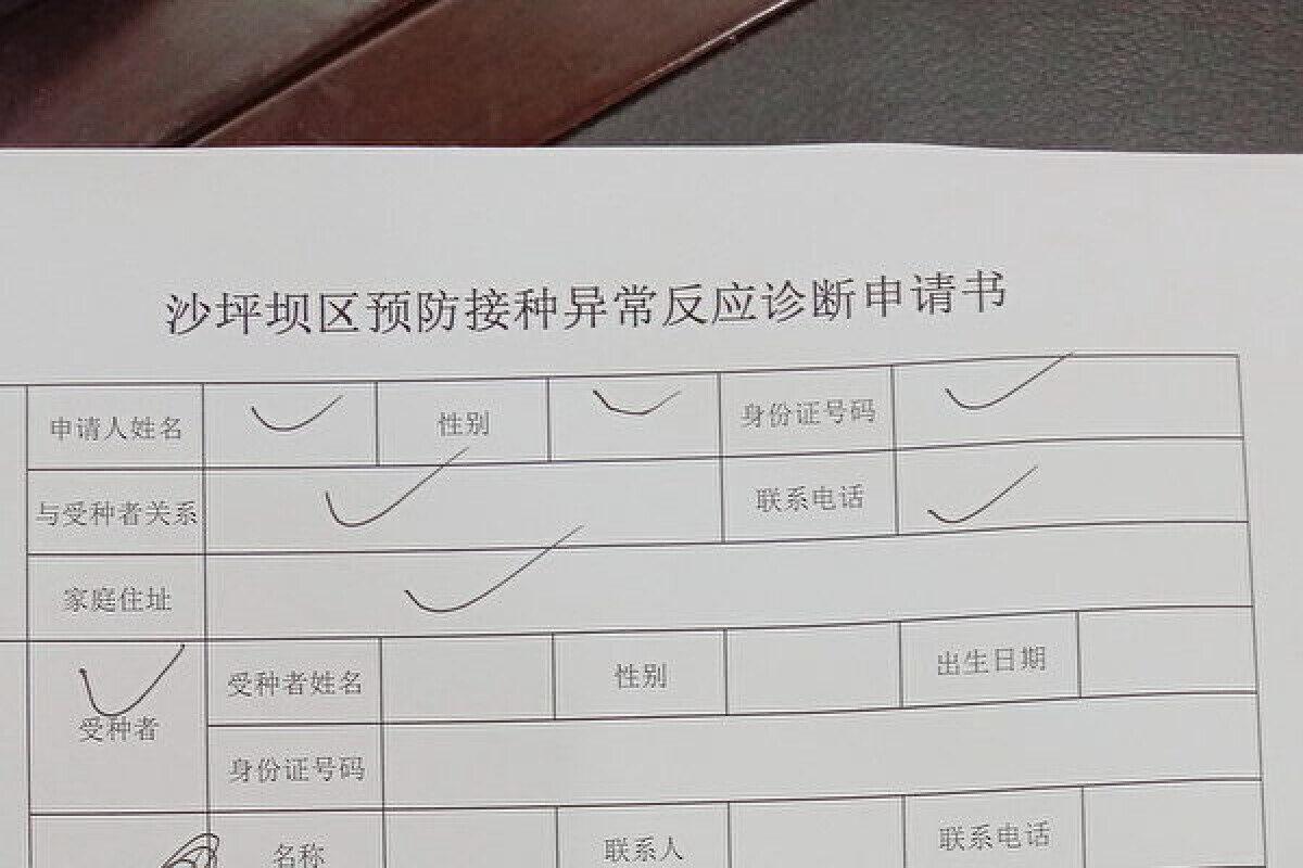 An application form filled out by Cai Bangying requests an investigation into her sister’s death, which occurred just after she was vaccinated. (Courtesy of Cai Bangying)