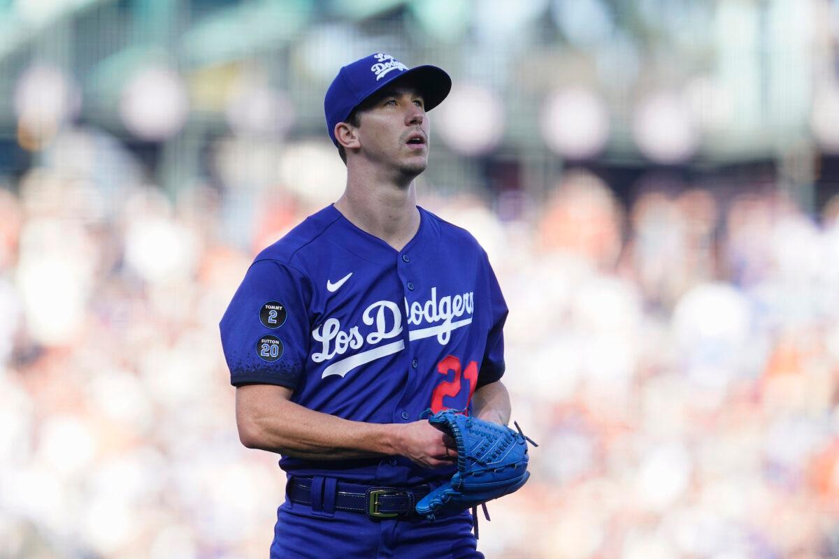 Los Angeles Dodgers pitcher Walker Buehler walks to the dugout after the third inning of a baseball game against the San Francisco Giants in San Francisco on Sept. 5, 2021. (AP Photo/Jeff Chiu)