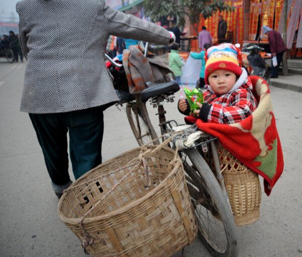 A baby sits in a basket on his way home after shopping for spring festival couplets at the Qingbaijiang District in Chengdu of Sichuan Province, China, on Jan. 16, 2009. (China Photos/Getty Images)