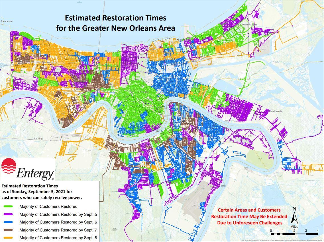 A map from Entergy, a major southern utility provider, shows power outages and estimated restoration dates. (Entergy)