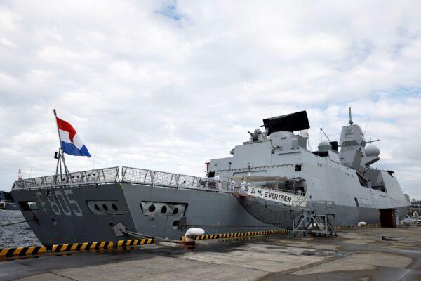 The Royal Netherlands Navy's HNLMS Evertsen frigate sits anchored at the Japan Maritime Self-Defense Force (JMSDF) naval base in Yokosuka, Kanagawa Prefecture, Japan on Sept. 6, 2021. (Kiyoshi Ota/Pool Photo via AP)