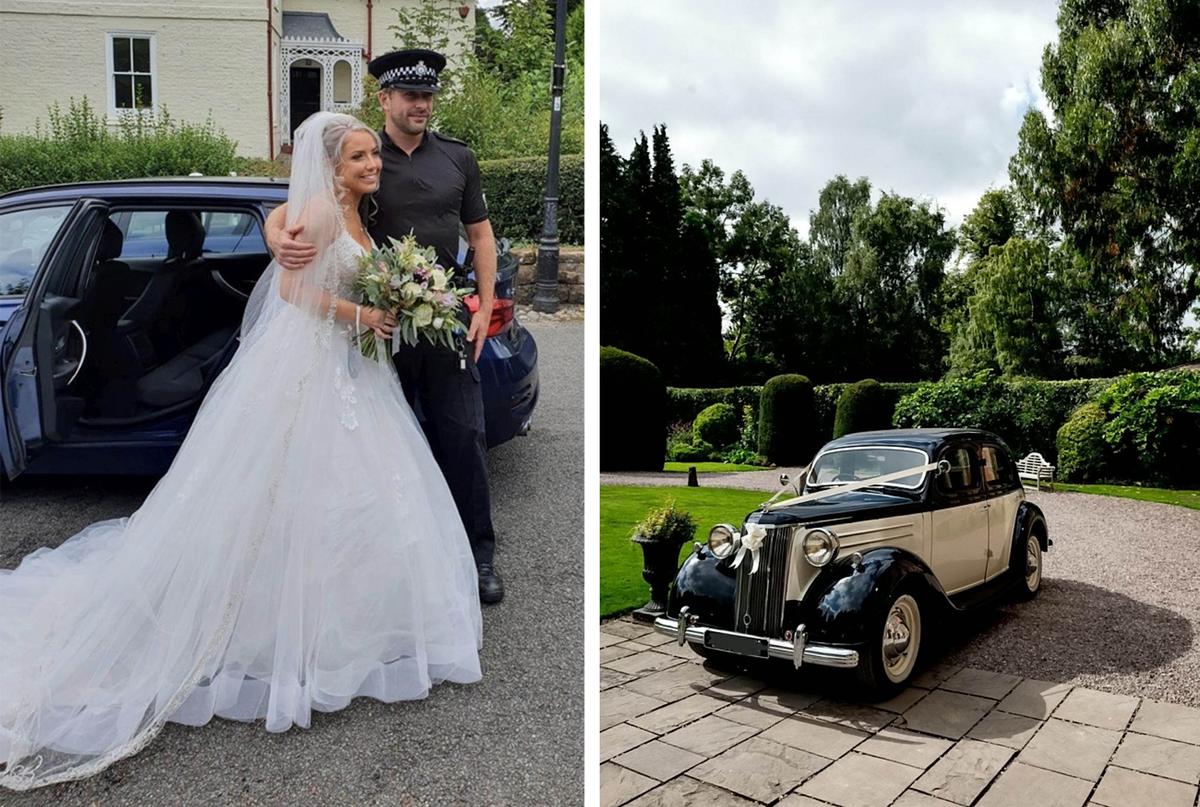 (Left) Lydia Evans-Hughes with Inspector Matt Geddes of North Wales Police on her wedding day; (Right) The vintage wedding car that broke down on the highway. (SWNS)