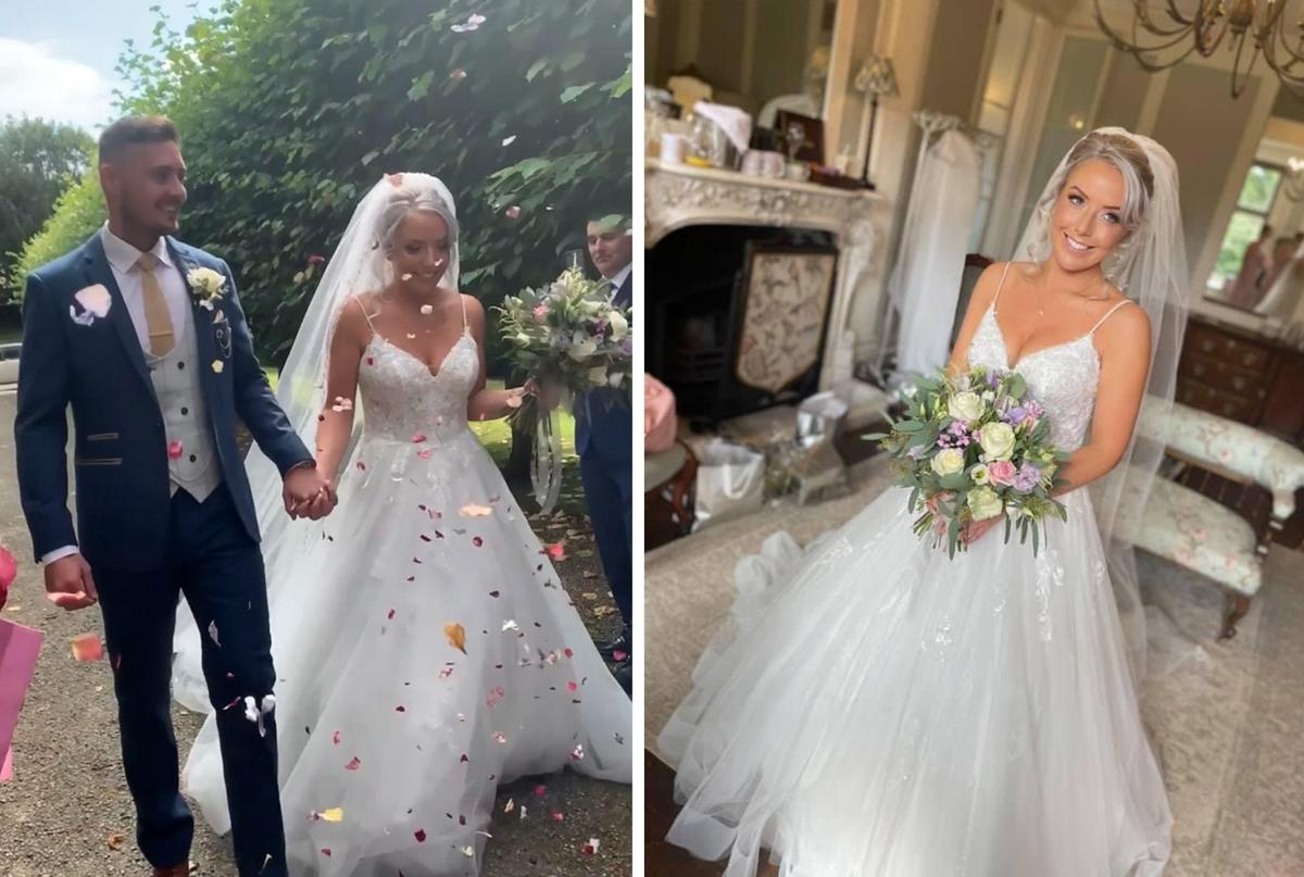 (Left) Lydia Evans-Hughes and husband Tidur on their big day; (Right) Lydia Evans-Hughes poses in her wedding gown. (SWNS)