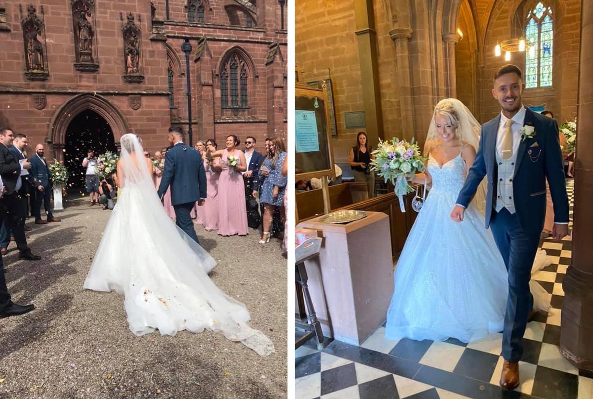 (Left) Lydia Evans-Hughes enters the church and (Right) walks down the aisle, with husband Tidur on their wedding day. (SWNS)