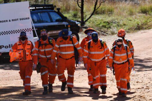 SES volunteers return after finding three year old AJ Elfalak alive on the family property in Putty, northwest of Sydney, Australia, on Sept. 6, 2021.(AAP Image/Dean Lewins)