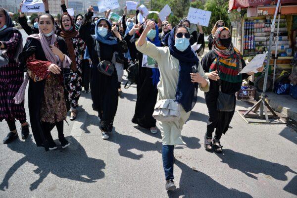 Afghan women shout slogans during an anti-Pakistan protest rally, near the Pakistan embassy in Kabul on Sept. 7, 2021. (Hoshang Hashimi/AFP via Getty Images)