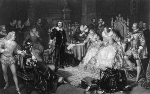 An engraving depicts Shakespeare (1564–1616) reciting a work before the court of Elizabeth I, circa 1600. (Archive Photos/Getty Images)